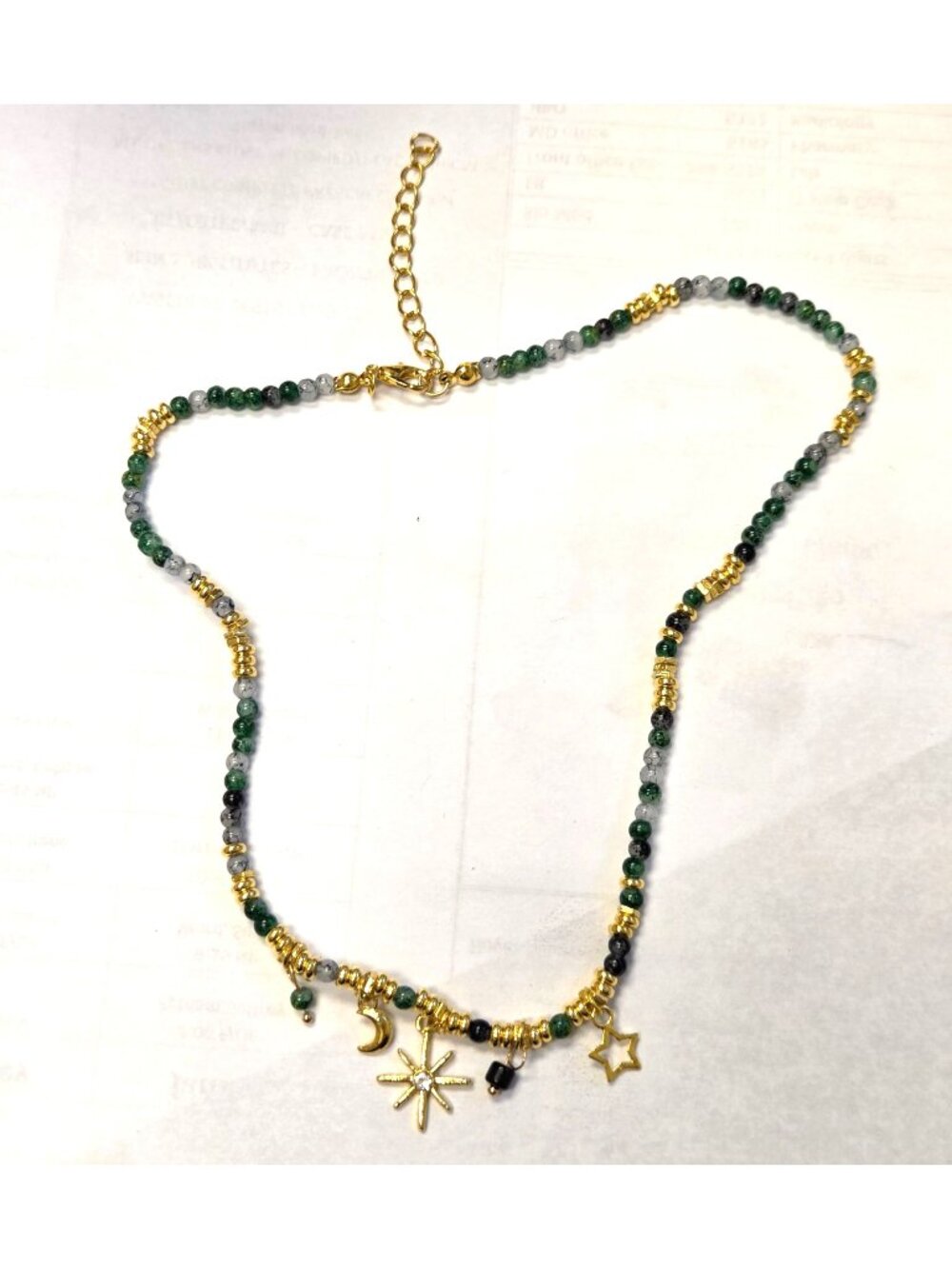 Gold-Tone Beaded Necklace With Star & Moon Charms Adjustable Chain